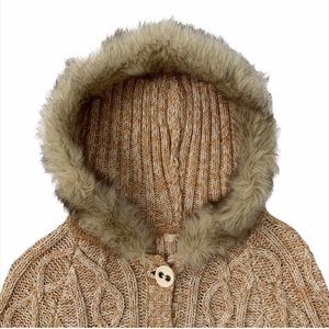 Dkny Beige Cable Knit Hooded Sweater with Faux Fur Trim